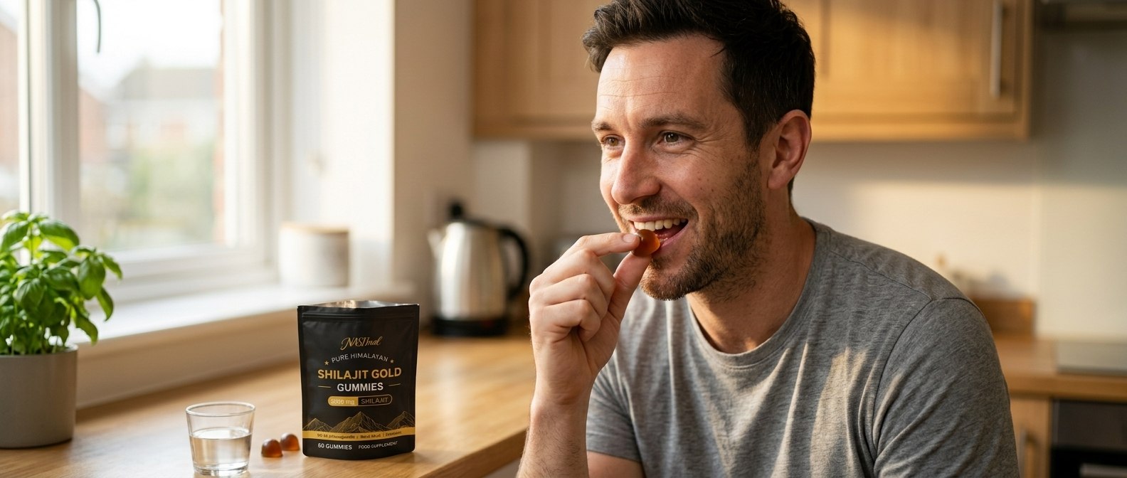 Man taking a NASHnal gummy in his kitchen
